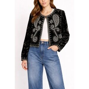 Vintage Black Velvet Beaded Paisley Star Cropped Jacket Chamois Royal Sz Medium